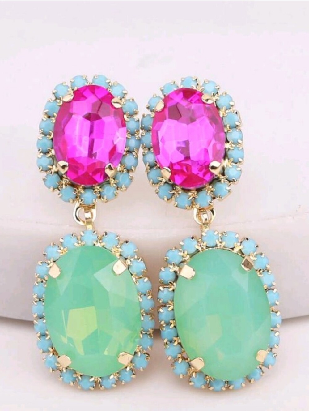 Gold-Tone Pink and Mint Green Rhinestone Drop Earrings